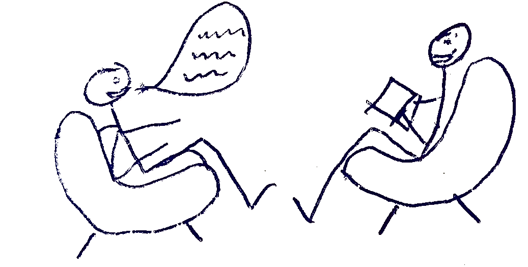 Zeichnung: 2 Strichfiguren sitzen sich auf Sesseln gegenüber und reden miteinander